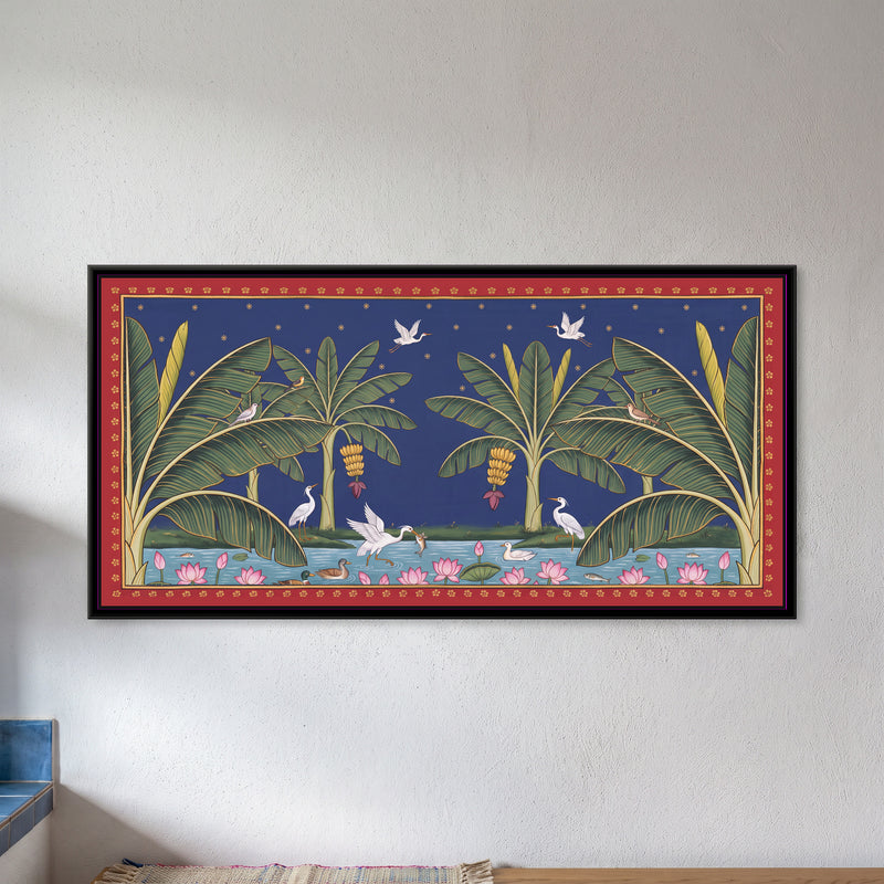 Cranes in a Banana Grove at Night - framed canvas art hung on a wall