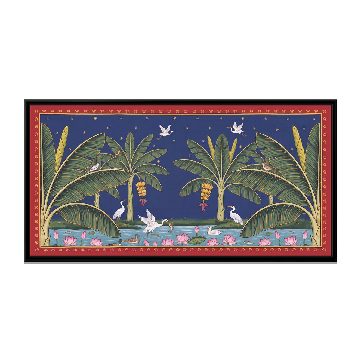 Cranes in a Banana Grove at Night - framed canvas print, front view