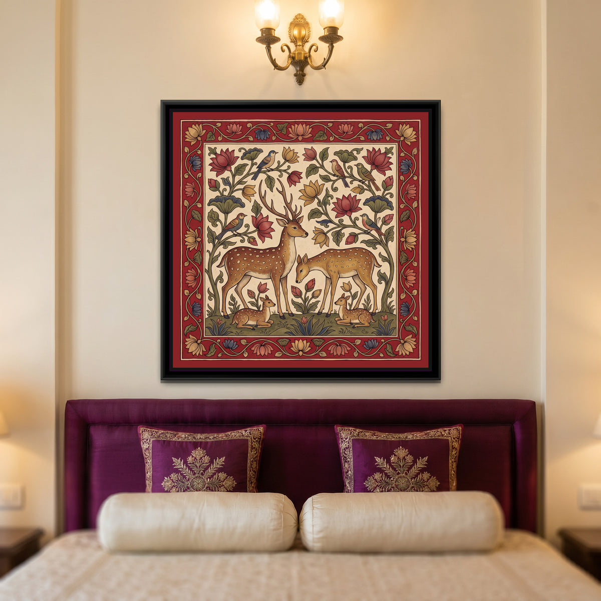 Deer in a Flowering Grove - canvas art shown in a styled room