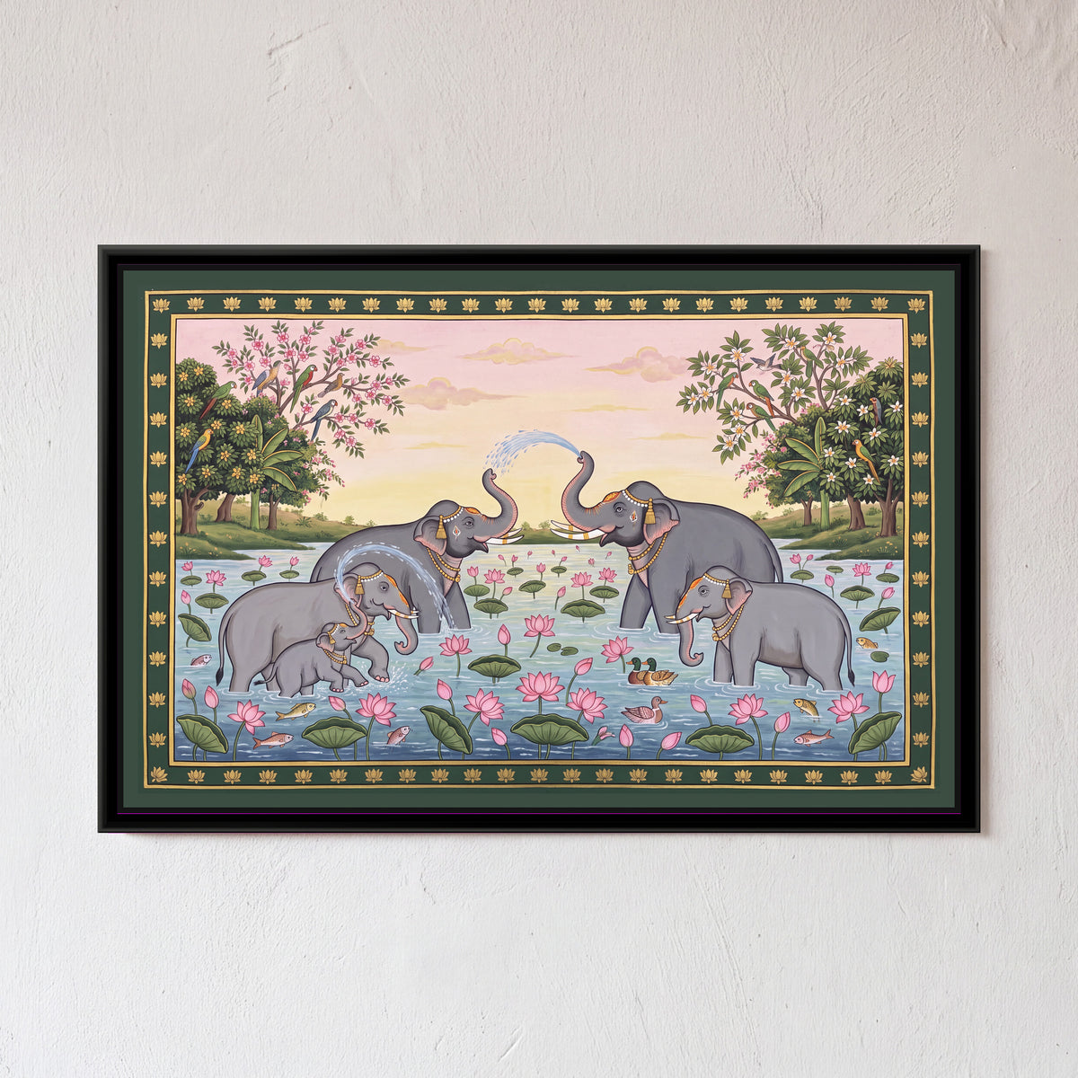 Elephants Bathing in a Lotus Pond - framed canvas art hung on a wall