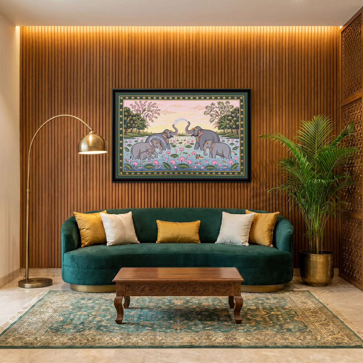 Elephants Bathing in a Lotus Pond - canvas art shown in a styled room