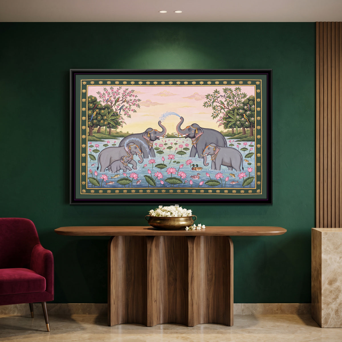 Elephants Bathing in a Lotus Pond - canvas art shown in a second room setting