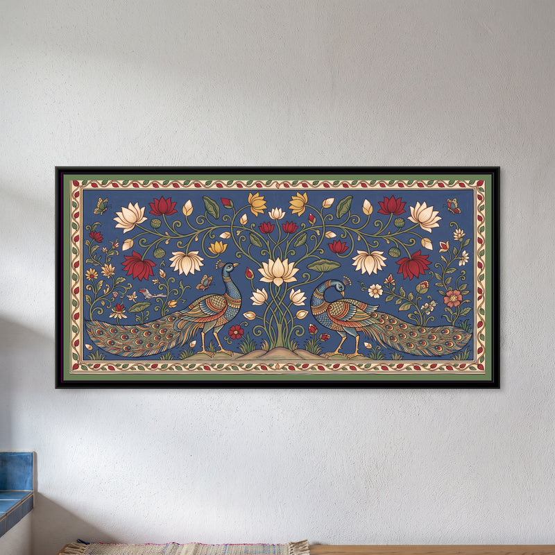 Peacocks beneath a Lotus Tree - framed canvas art hung on a wall