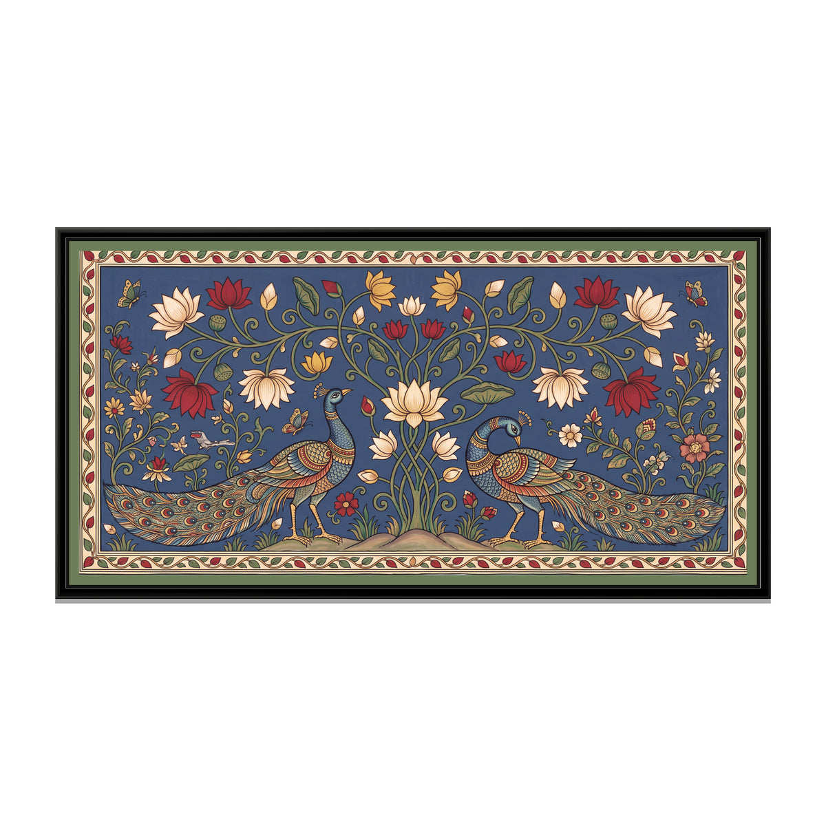 Peacocks beneath a Lotus Tree - framed canvas print, front view