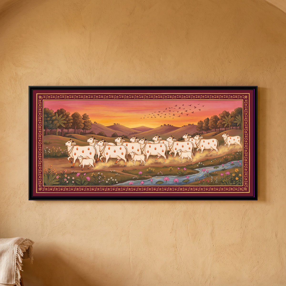 Cows Returning Home at Dusk - framed canvas art hung on a wall