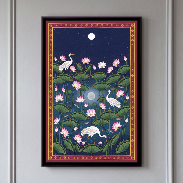 Cranes in a Moonlit Lotus Pond