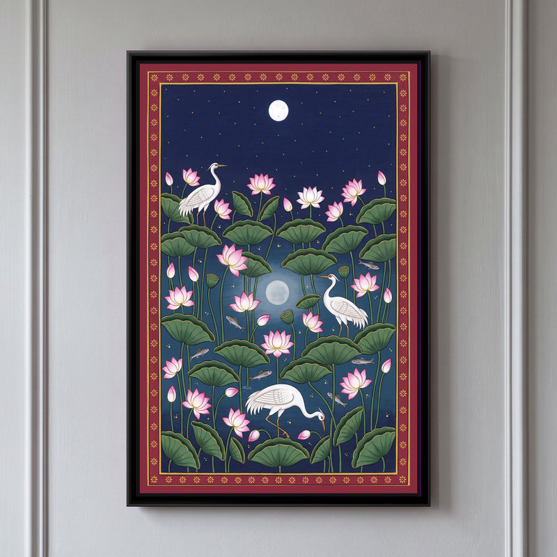 Cranes in a Moonlit Lotus Pond - framed canvas art hung on a wall