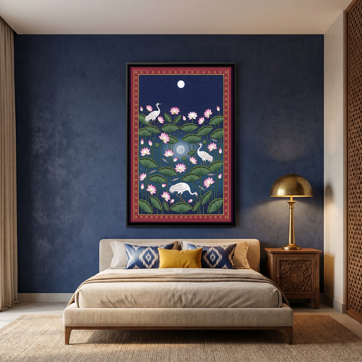 Cranes in a Moonlit Lotus Pond - canvas art shown in a styled room