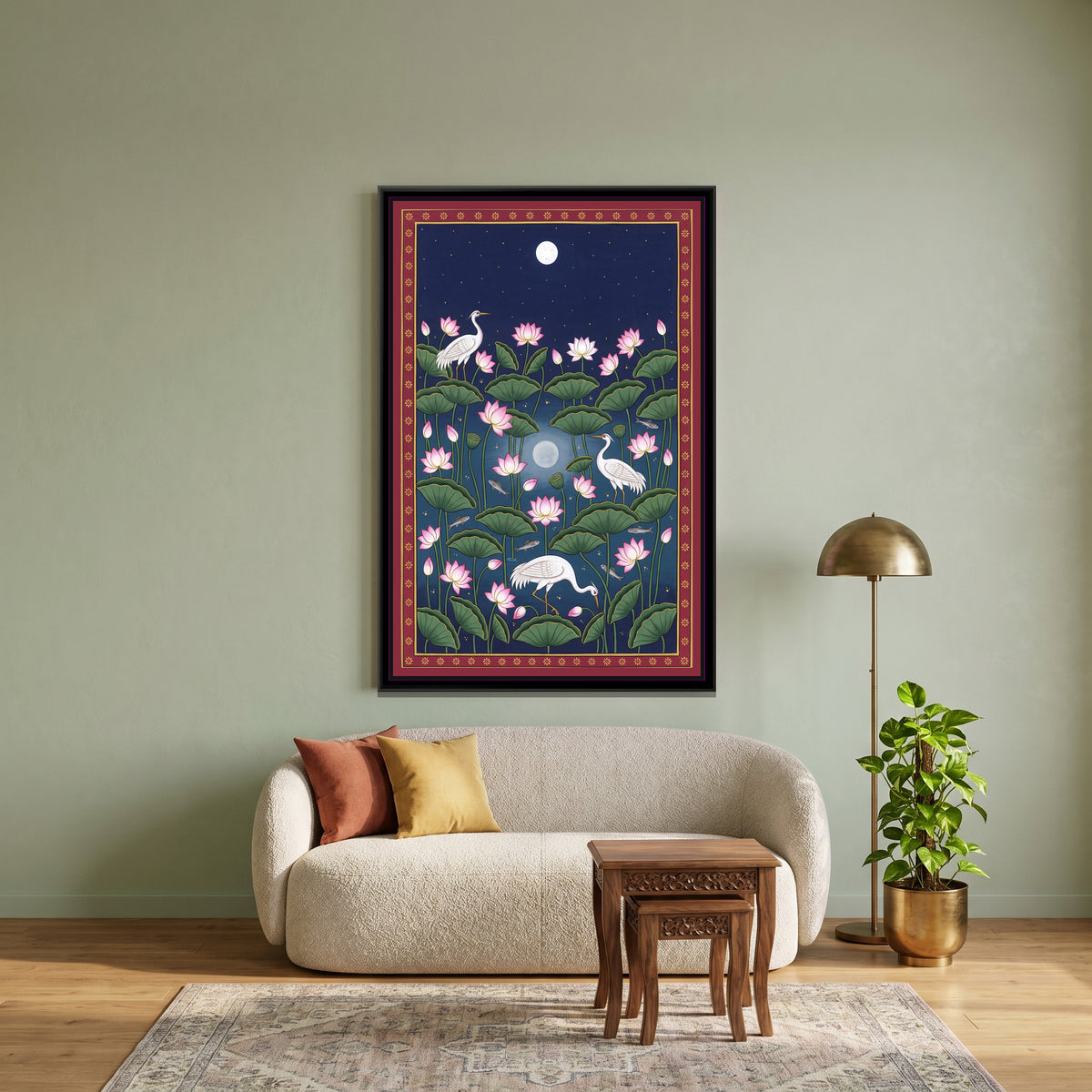 Cranes in a Moonlit Lotus Pond - canvas art shown in a second room setting