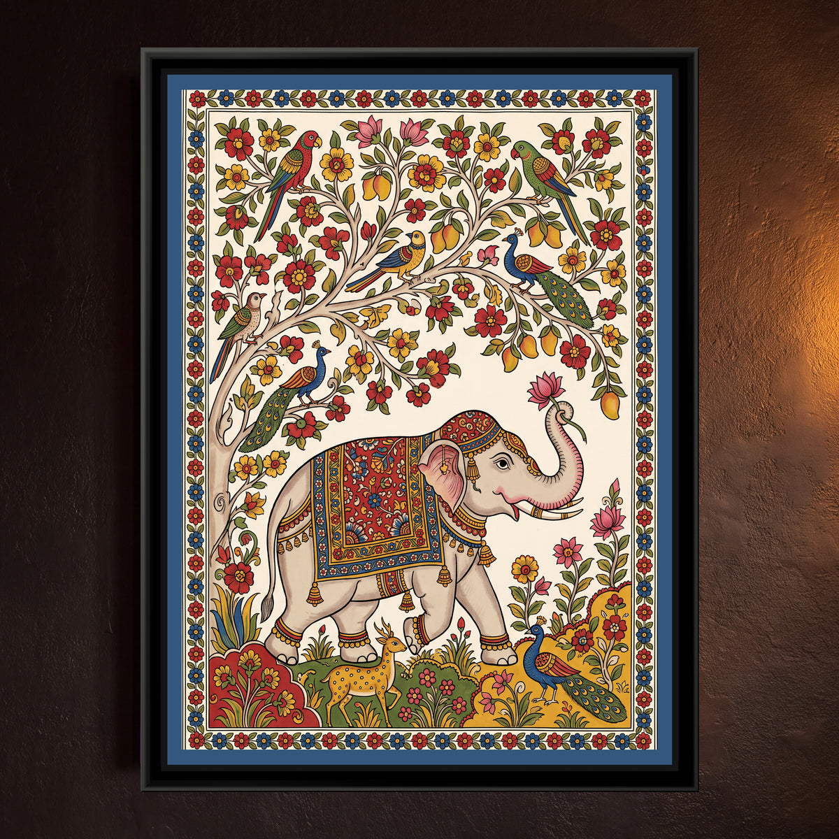Elephant beneath a Flowering Mango Tree - framed canvas art hung on a wall