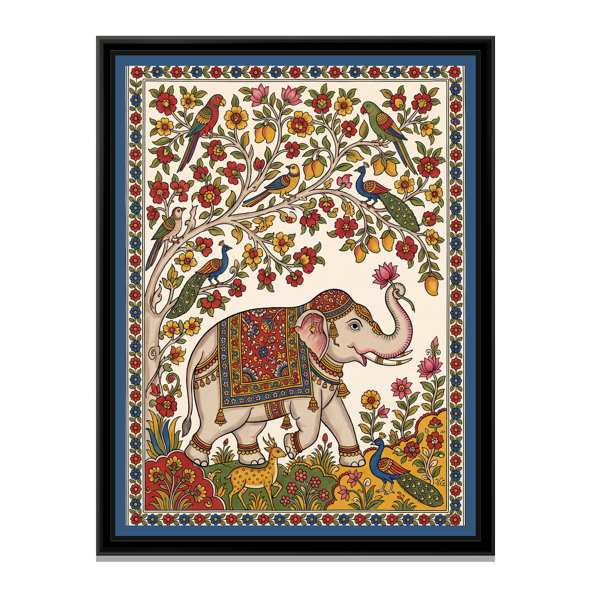 Elephant beneath a Flowering Mango Tree - framed canvas print, front view