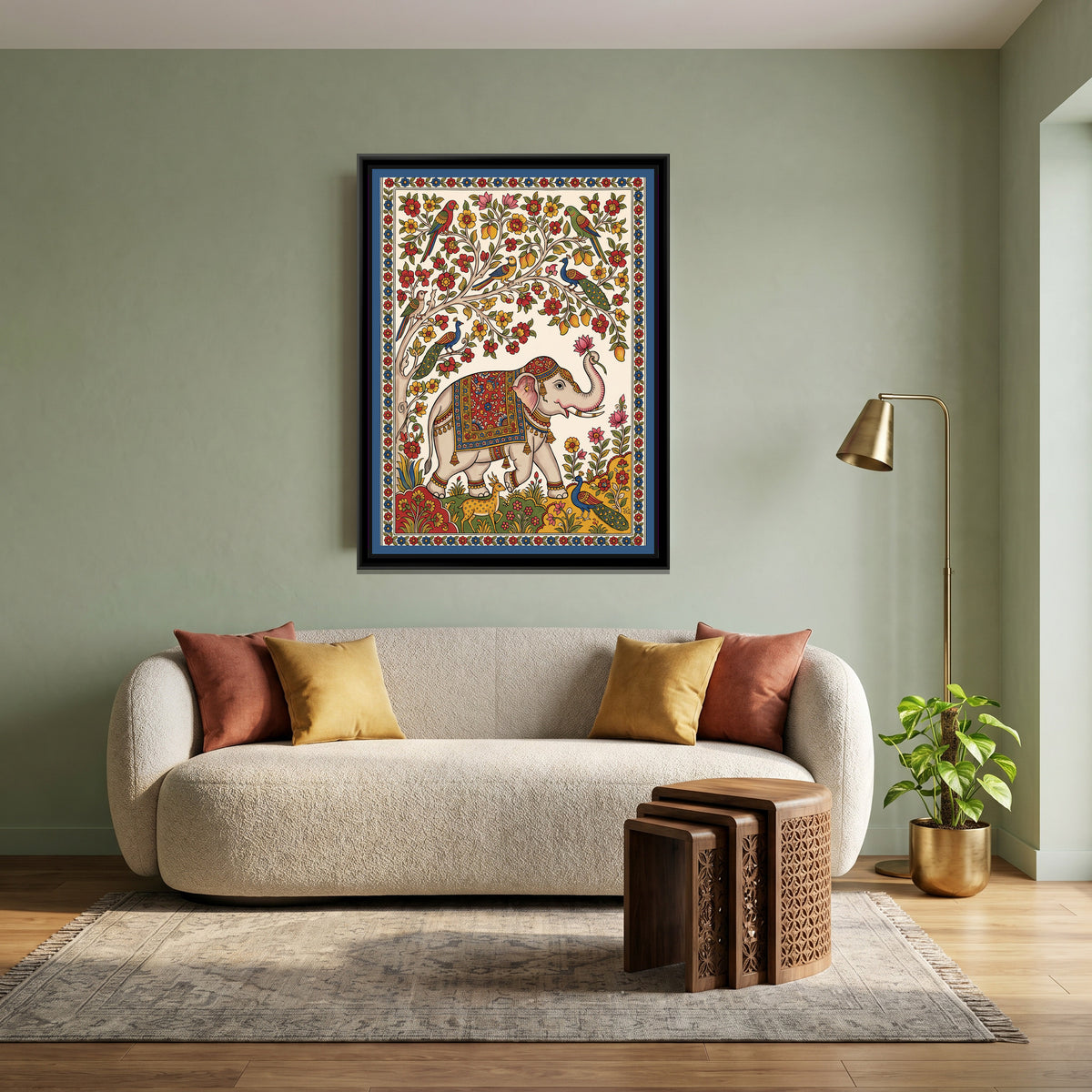 Elephant beneath a Flowering Mango Tree - canvas art shown in a second room setting