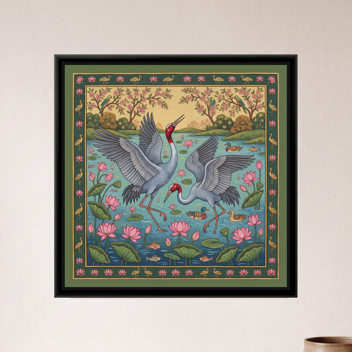 Sarus Cranes Dancing in a Lotus Pond - framed canvas art hung on a wall