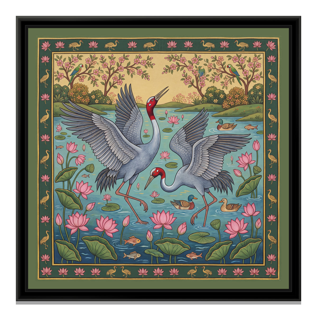Sarus Cranes Dancing in a Lotus Pond - framed canvas print, front view
