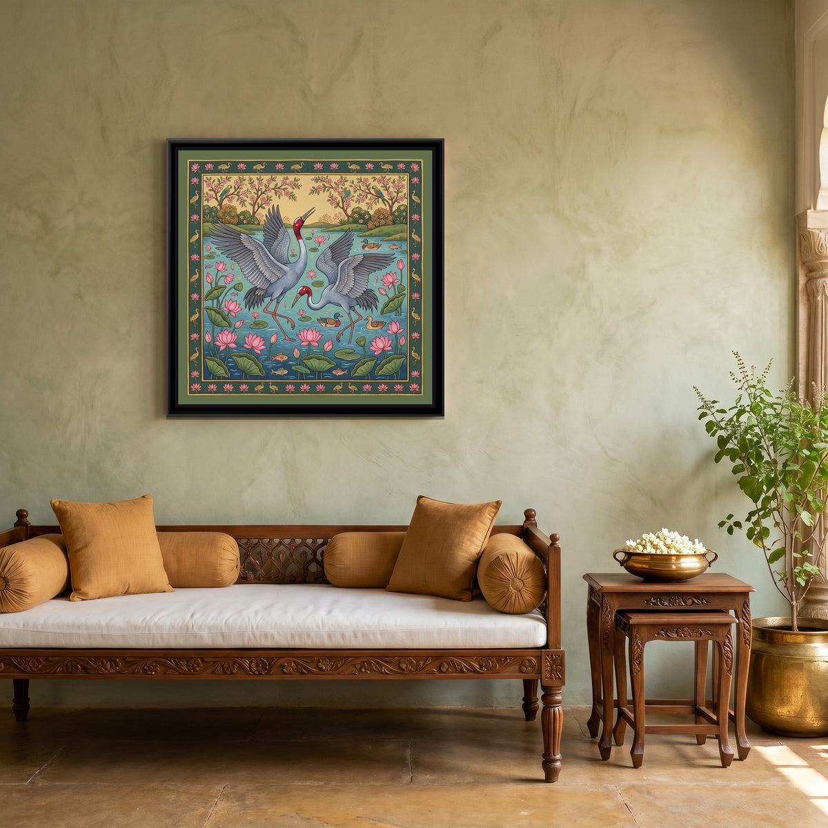 Sarus Cranes Dancing in a Lotus Pond - canvas art shown in a styled room
