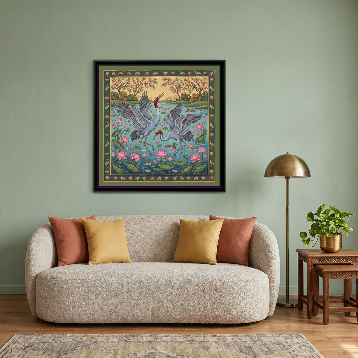 Sarus Cranes Dancing in a Lotus Pond - canvas art shown in a second room setting