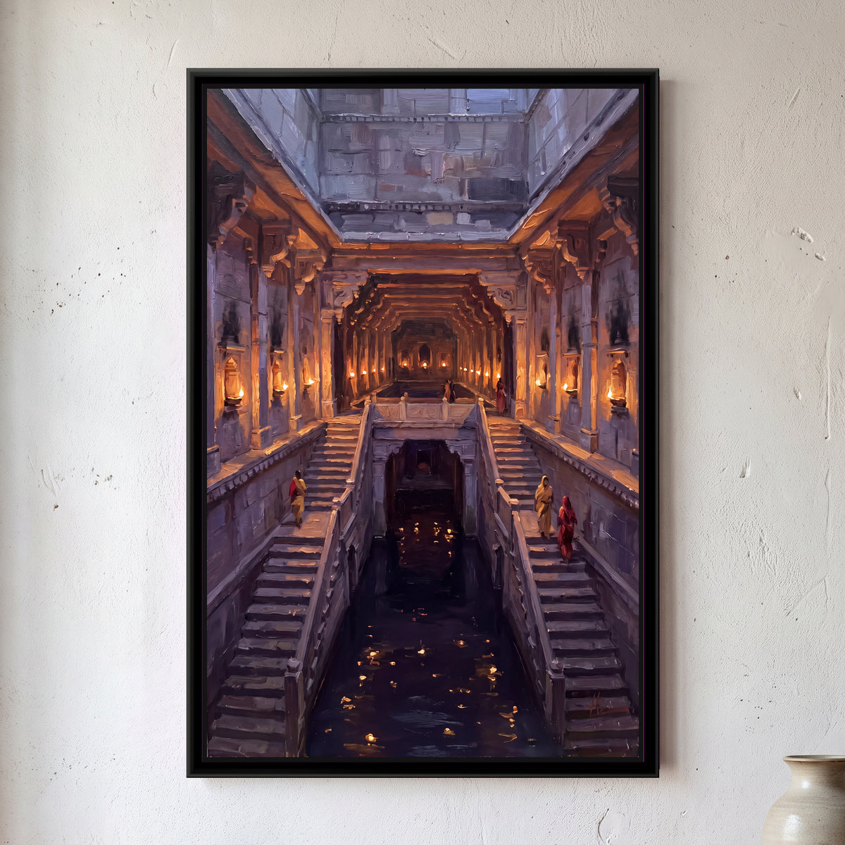 Stepwell Illuminated by Oil Lamps at Night, Tall Portrait - framed canvas art hung on a wall