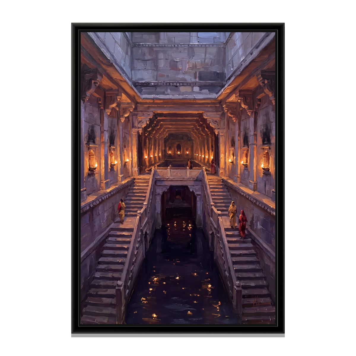 Stepwell Illuminated by Oil Lamps at Night, Tall Portrait - framed canvas print, front view