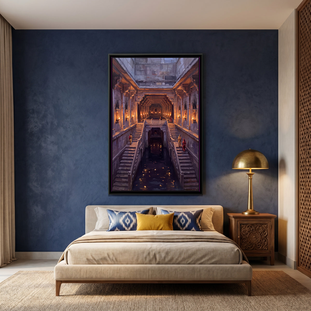 Stepwell Illuminated by Oil Lamps at Night, Tall Portrait - canvas art shown in a styled room