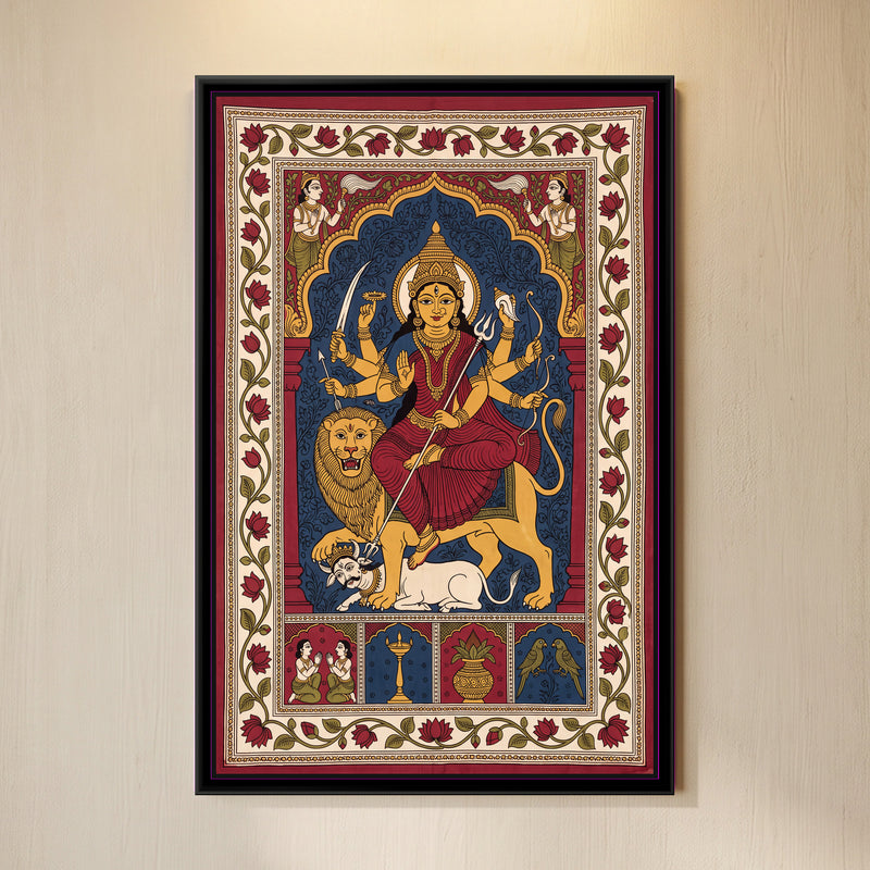 Durga Slaying Mahishasura - framed canvas art hung on a wall