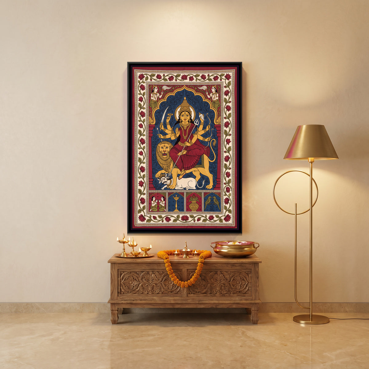Durga Slaying Mahishasura - canvas art shown in a styled room
