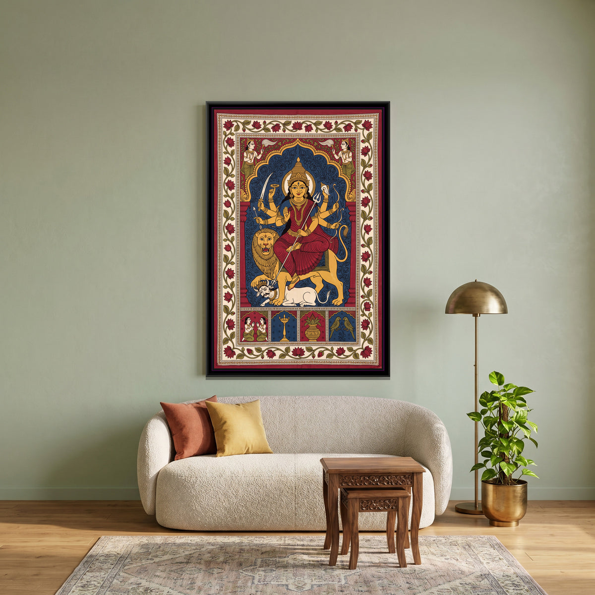 Durga Slaying Mahishasura - canvas art shown in a second room setting