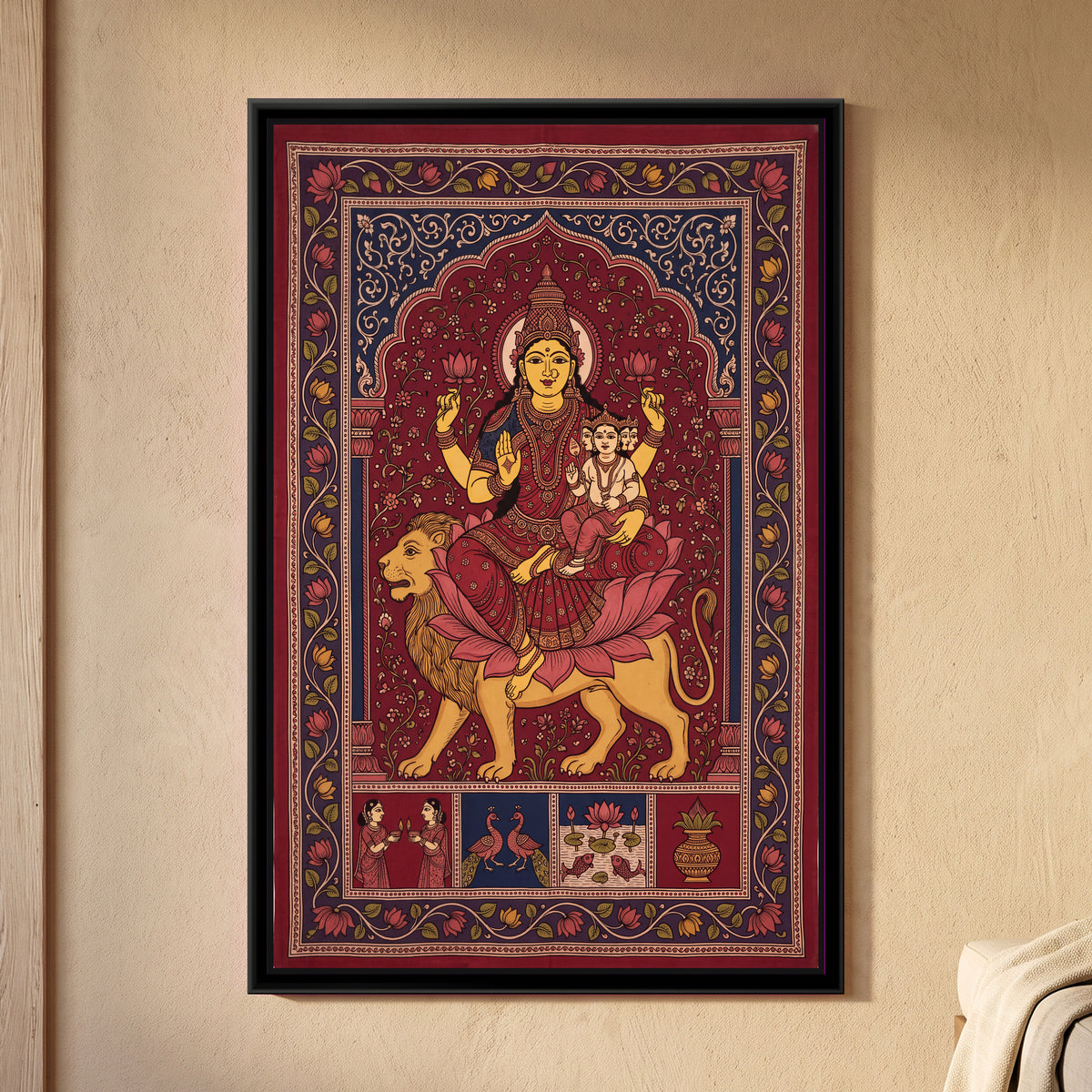Skandamata with Infant Skanda on Her Lion - framed canvas art hung on a wall