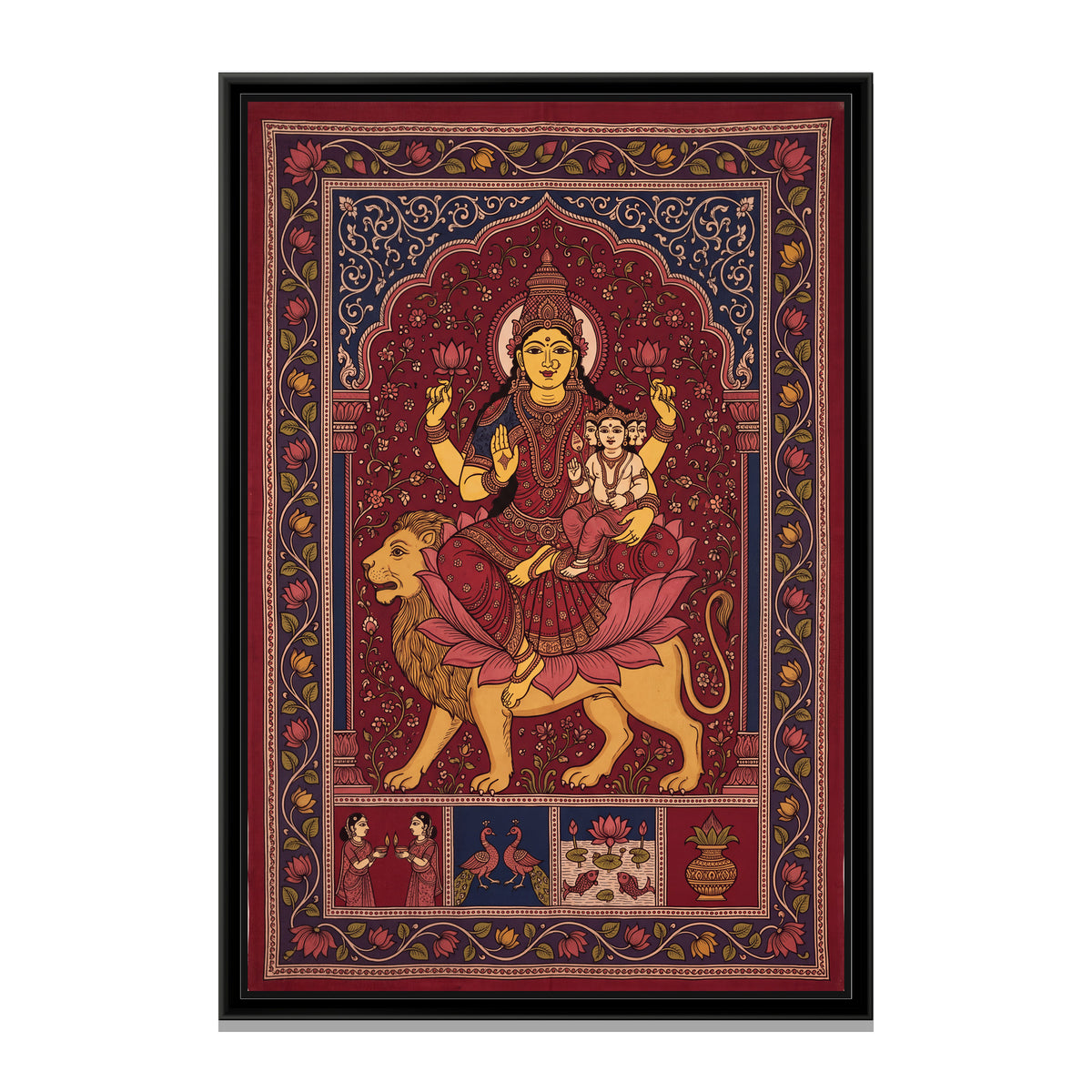 Skandamata with Infant Skanda on Her Lion - framed canvas print, front view