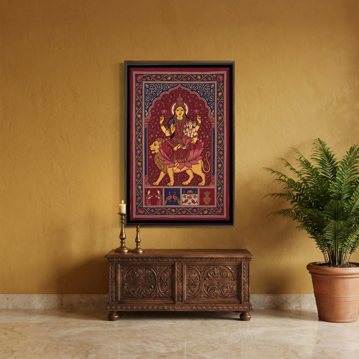 Skandamata with Infant Skanda on Her Lion - canvas art shown in a second room setting