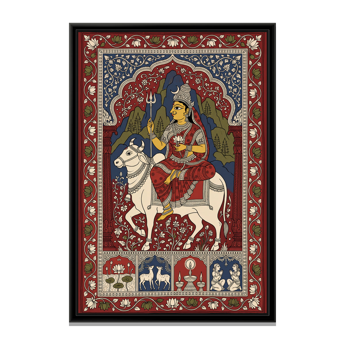 Shailaputri Riding Nandi before the Himalaya - framed canvas print, front view