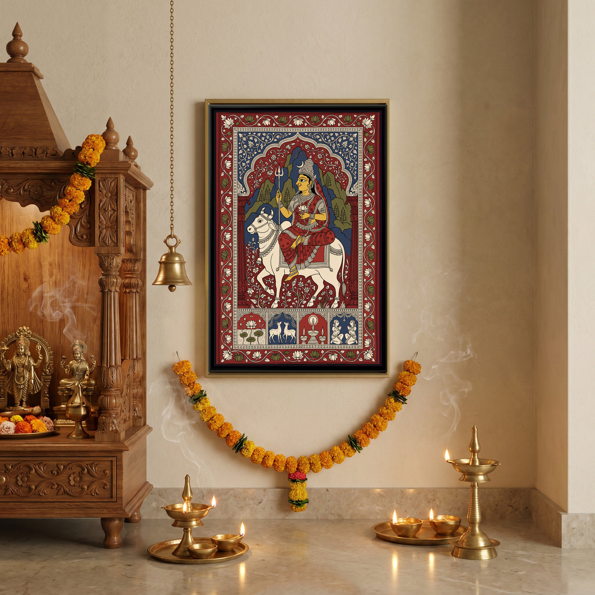 Shailaputri Riding Nandi before the Himalaya - canvas art shown in a styled room