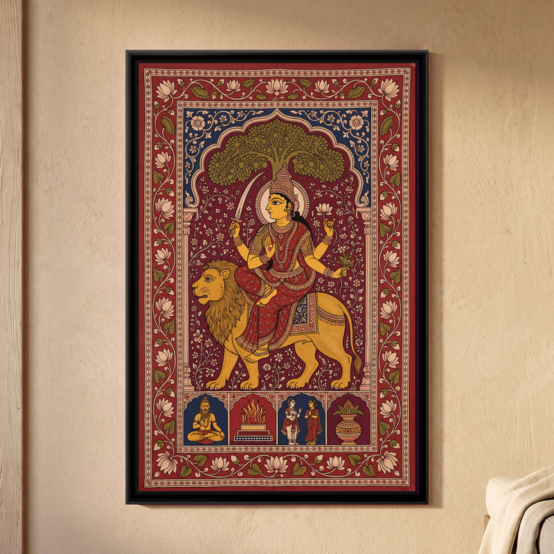 Katyayani on Her Lion with Sword and Lotus - framed canvas art hung on a wall