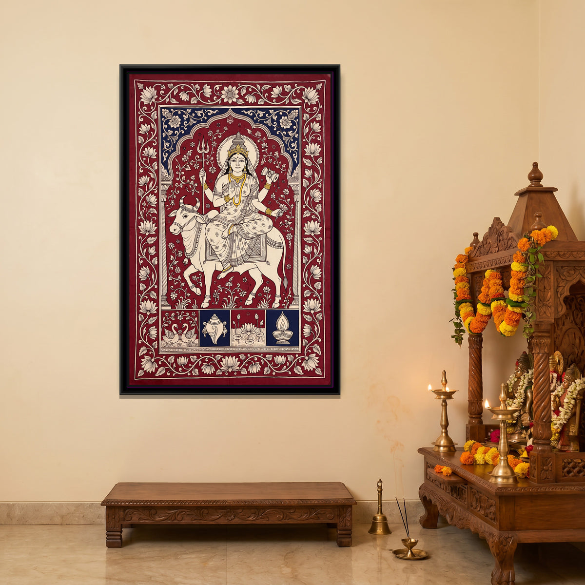 Mahagauri Riding a White Bull - canvas art shown in a styled room