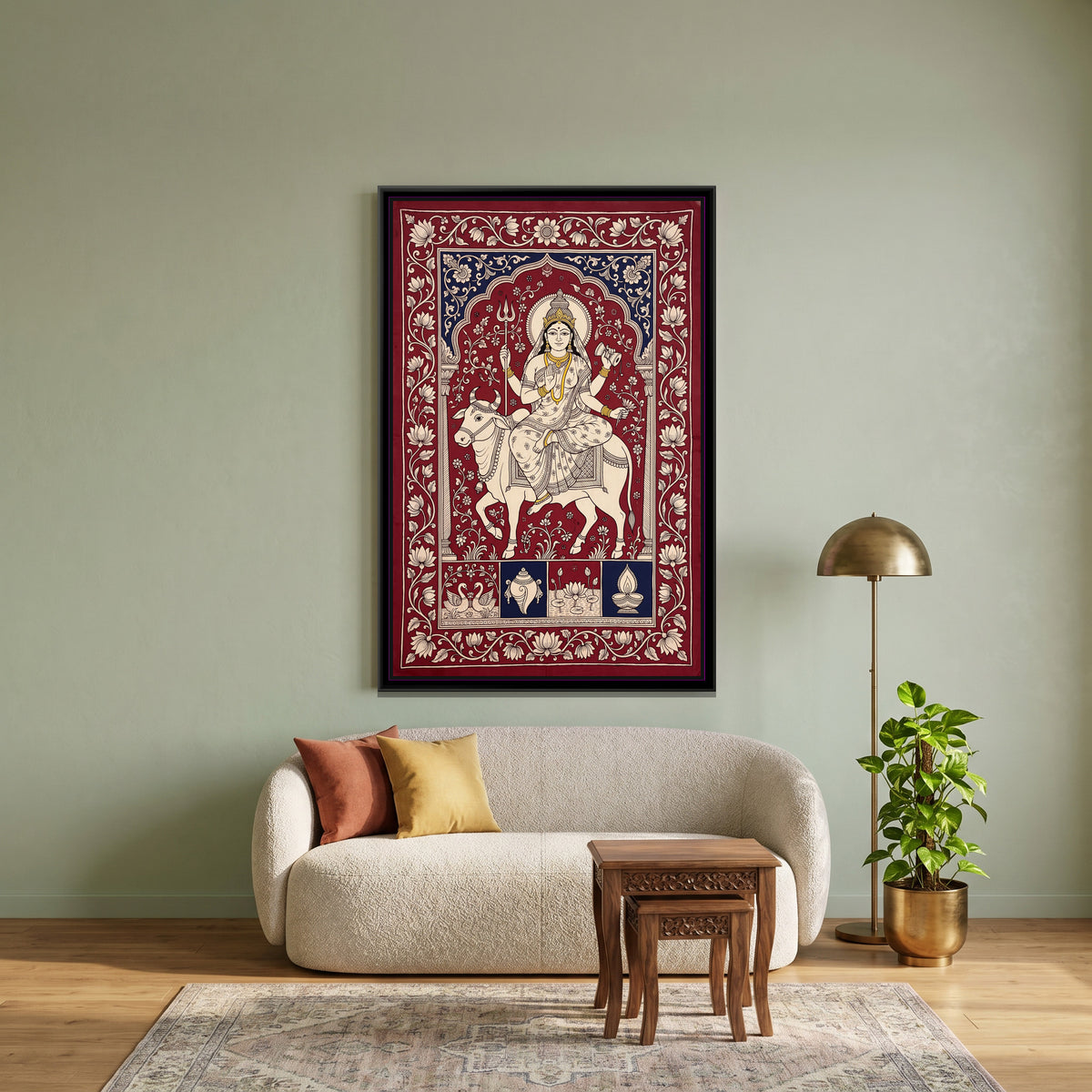 Mahagauri Riding a White Bull - canvas art shown in a second room setting