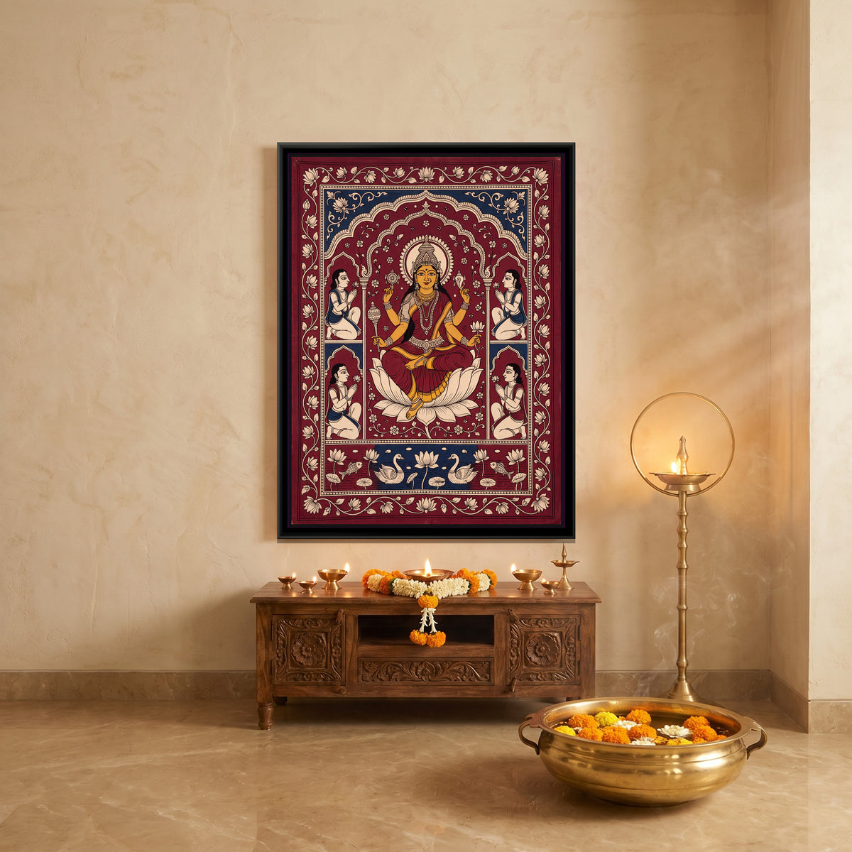 Siddhidatri Seated on a Lotus - canvas art shown in a styled room