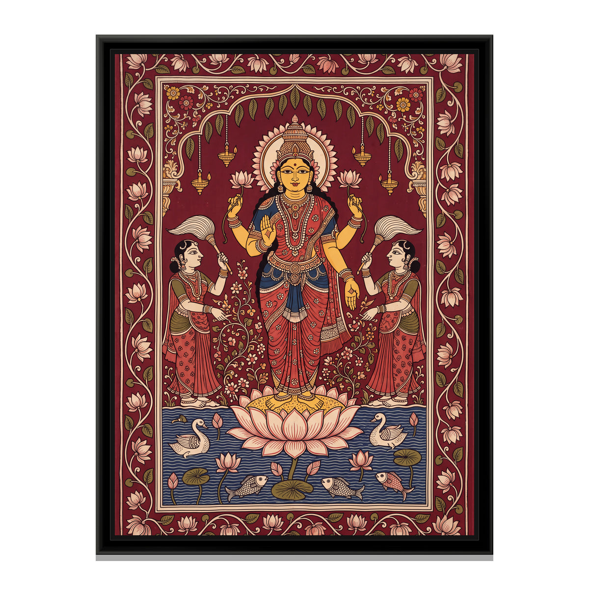 Lakshmi Standing on a Lotus with Attendants - framed canvas print, front view