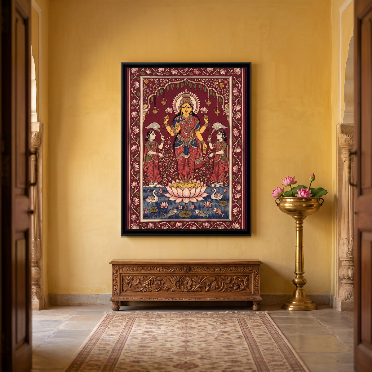 Lakshmi Standing on a Lotus with Attendants - canvas art shown in a second room setting