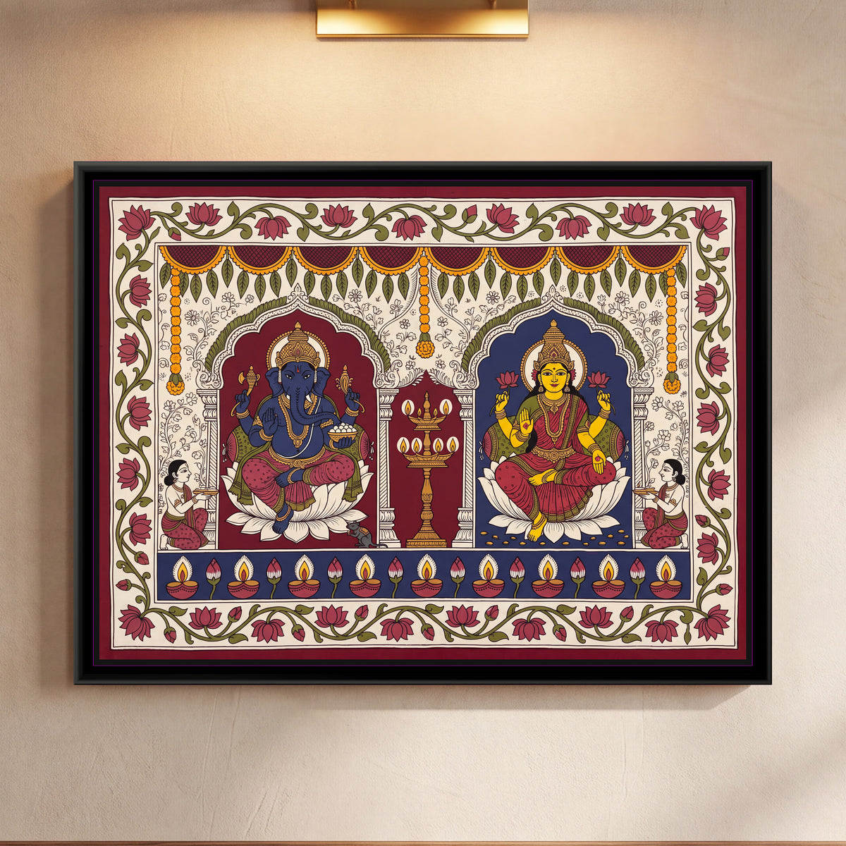 Lakshmi and Ganesha with Lit Diyas - framed canvas art hung on a wall