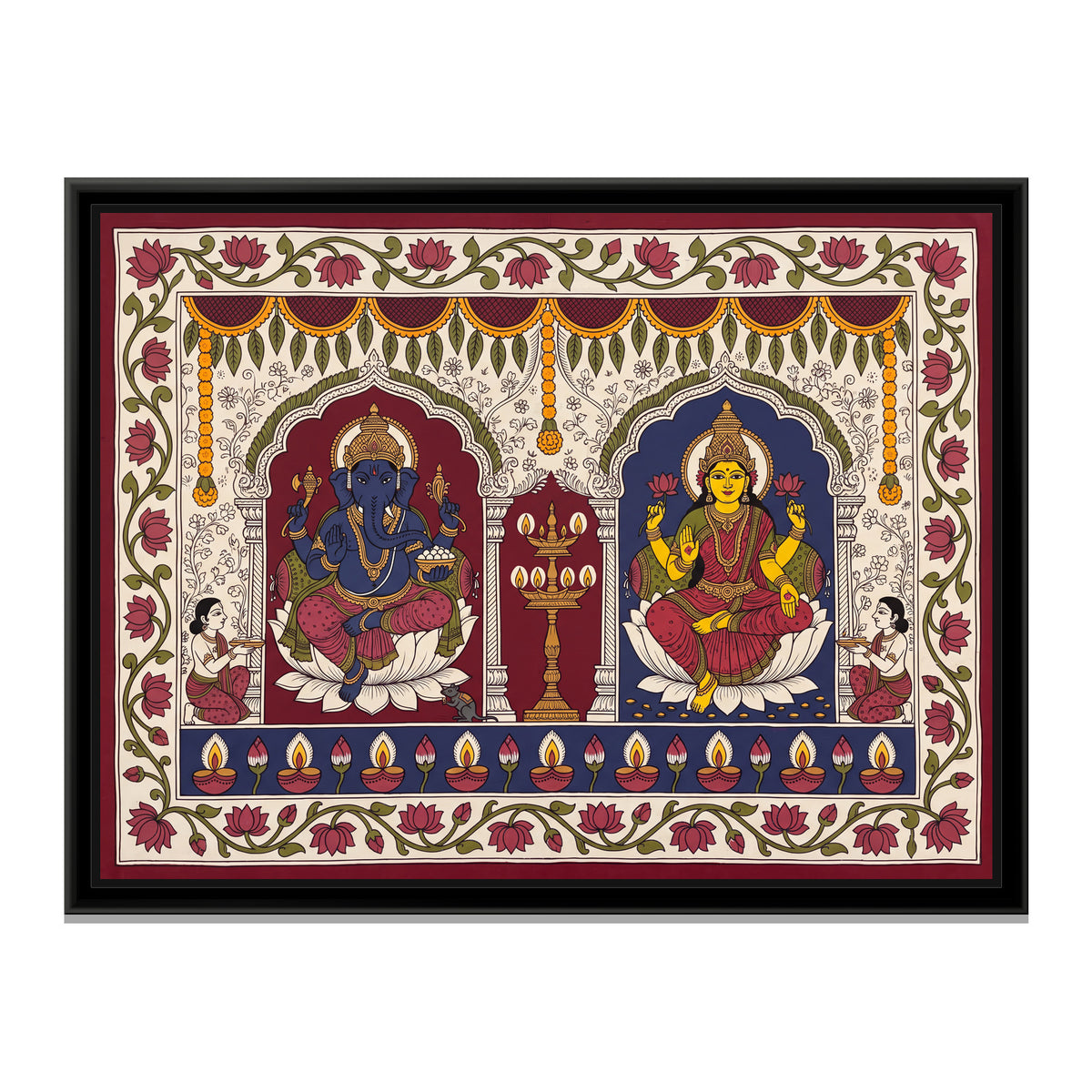 Lakshmi and Ganesha with Lit Diyas - framed canvas print, front view