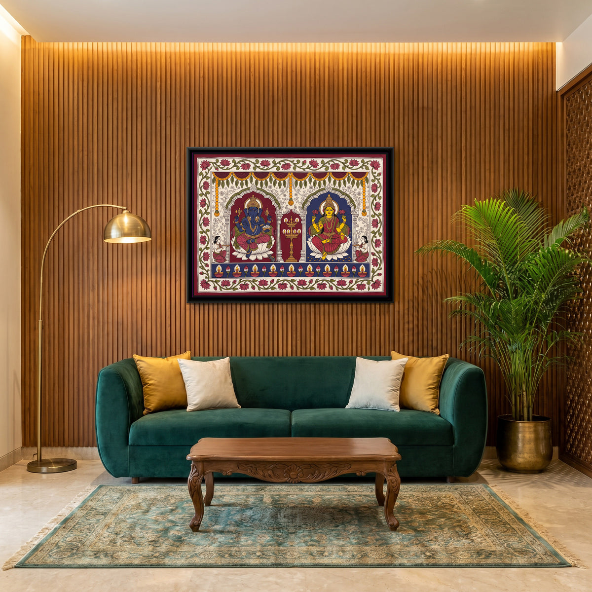 Lakshmi and Ganesha with Lit Diyas - canvas art shown in a styled room