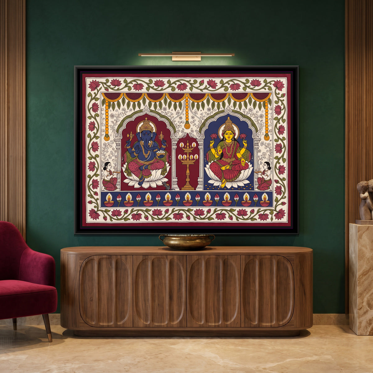 Lakshmi and Ganesha with Lit Diyas - canvas art shown in a second room setting