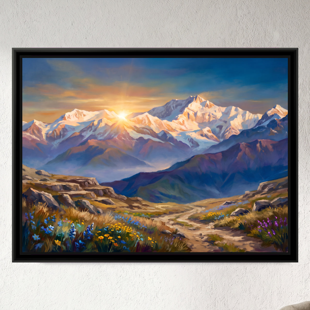 Sunrise over Snow Peaks Above a Wildflower Trail - framed canvas art hung on a wall
