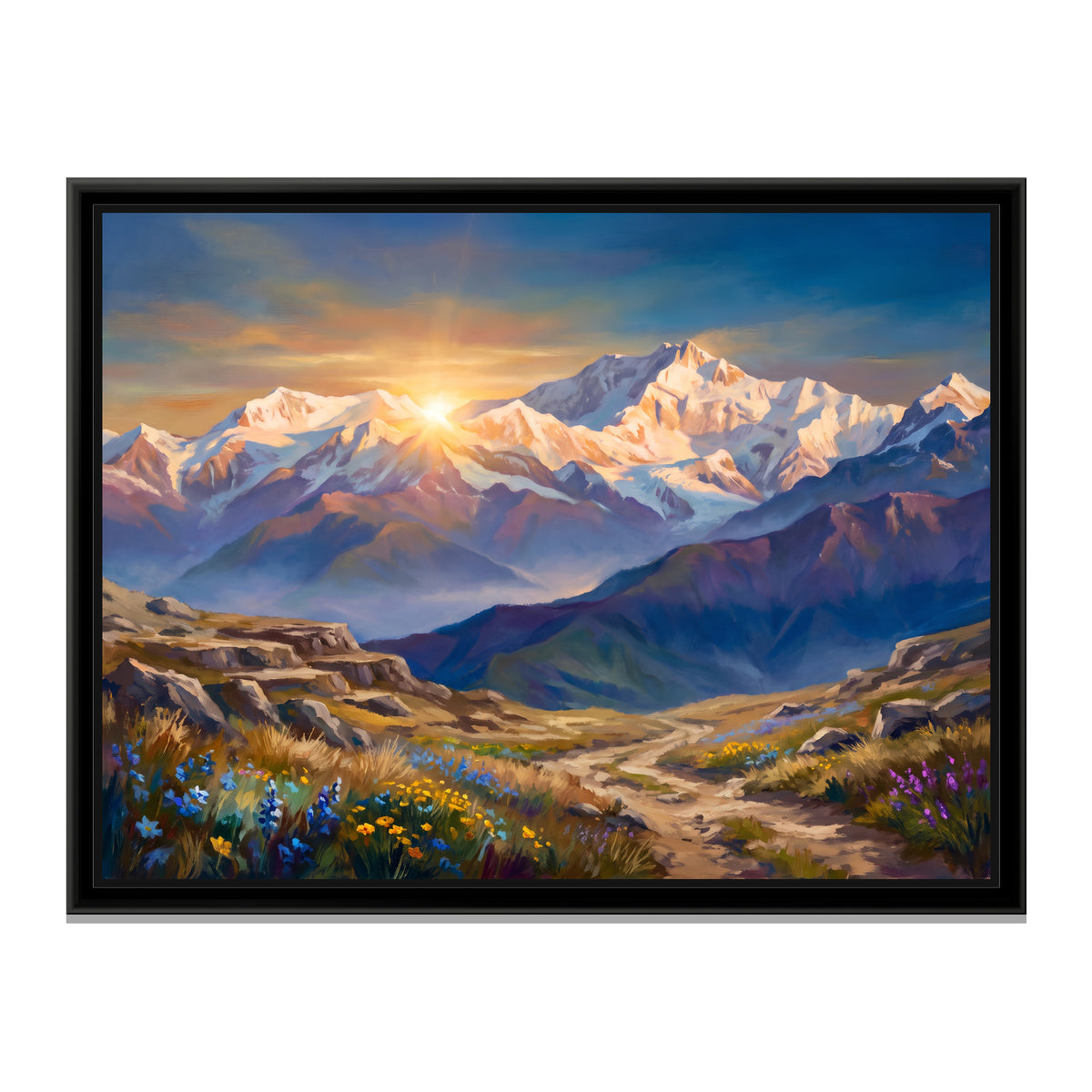Sunrise over Snow Peaks Above a Wildflower Trail - framed canvas print, front view
