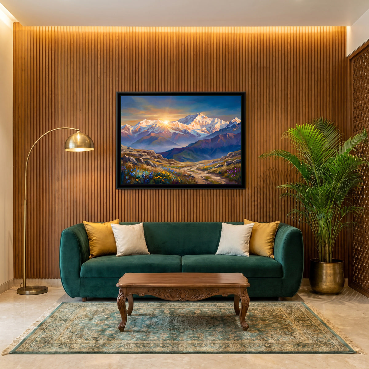 Sunrise over Snow Peaks Above a Wildflower Trail - canvas art shown in a styled room