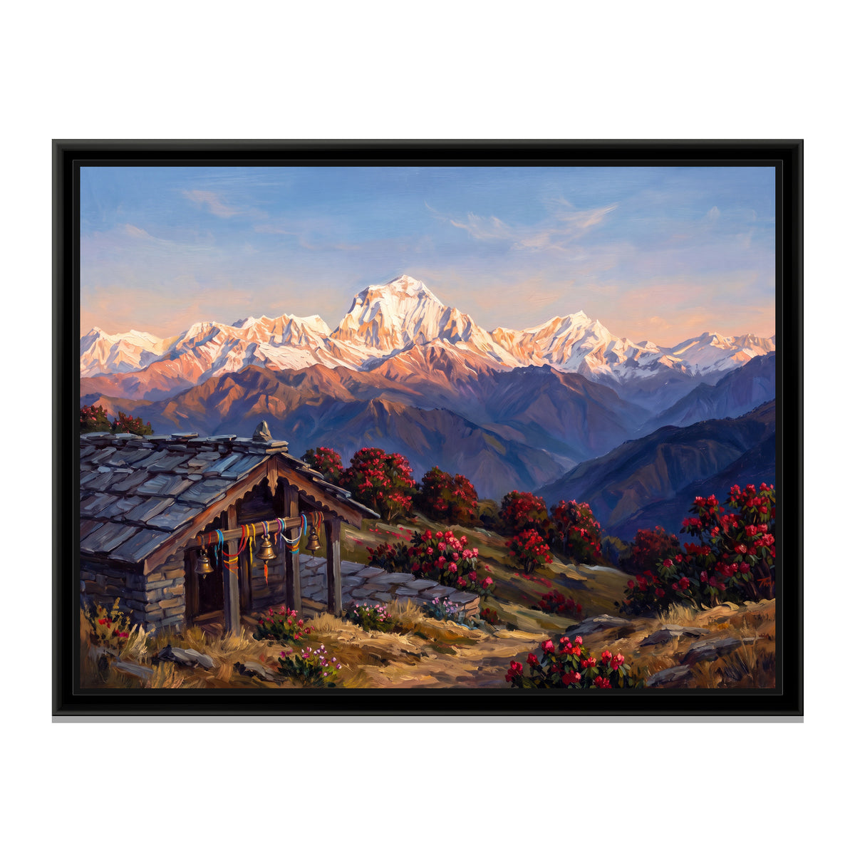 Hill Shrine Among Rhododendrons Facing Snow Peaks - framed canvas print, front view