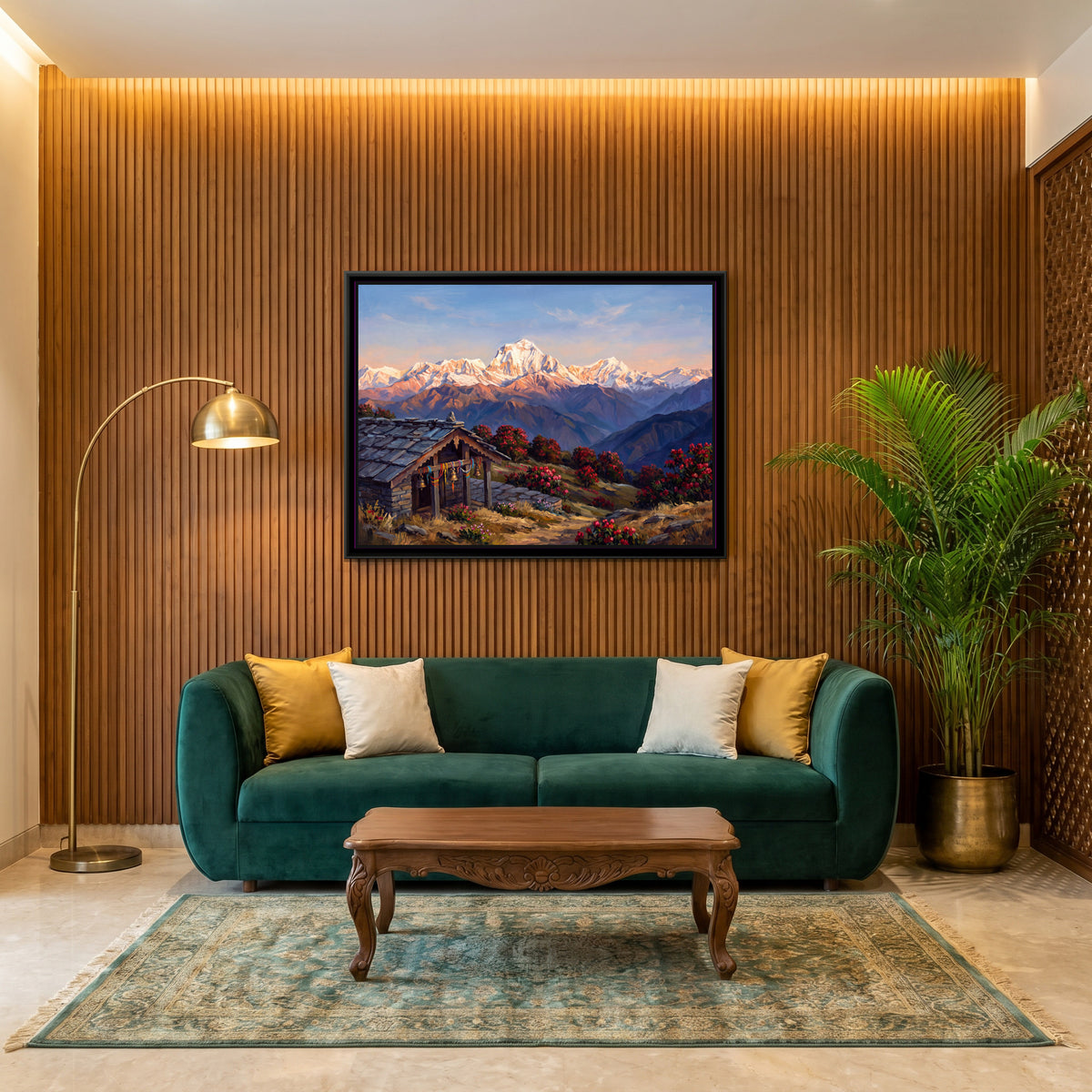 Hill Shrine Among Rhododendrons Facing Snow Peaks - canvas art shown in a styled room