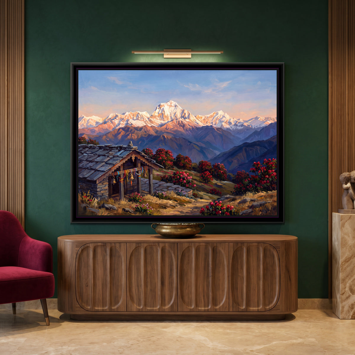 Hill Shrine Among Rhododendrons Facing Snow Peaks - canvas art shown in a second room setting