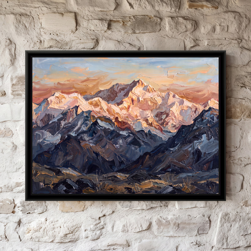Rose-Lit Snow Peaks Above a Rocky Ridge - framed canvas art hung on a wall