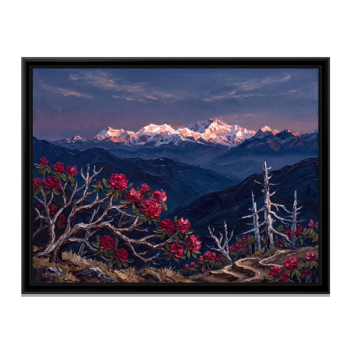 Rhododendrons and Silver Firs Before a Dawn Range - framed canvas print, front view