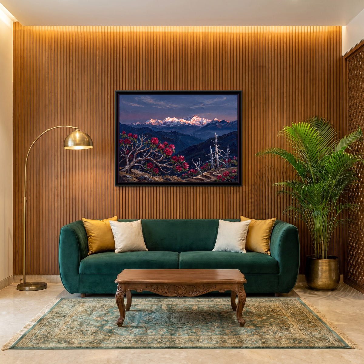Rhododendrons and Silver Firs Before a Dawn Range - canvas art shown in a styled room